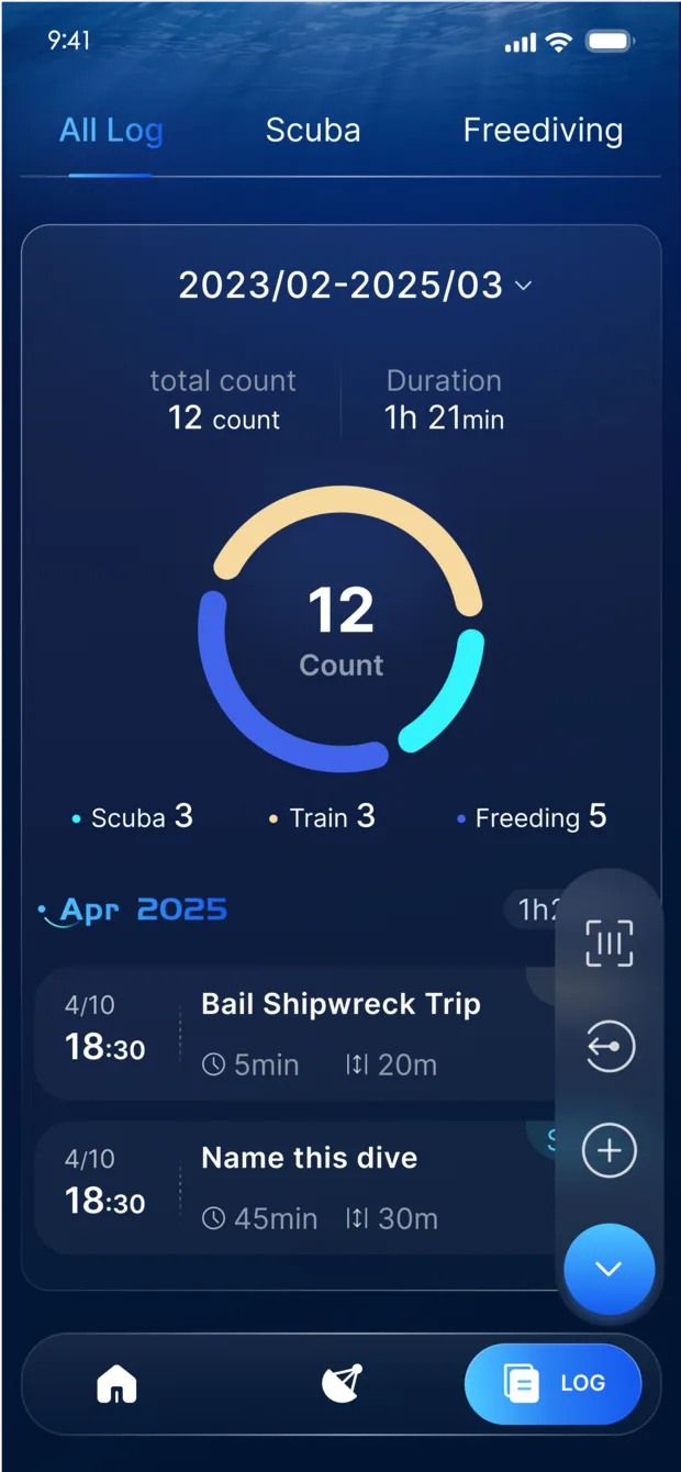 DAÏVE app dive logbook screen