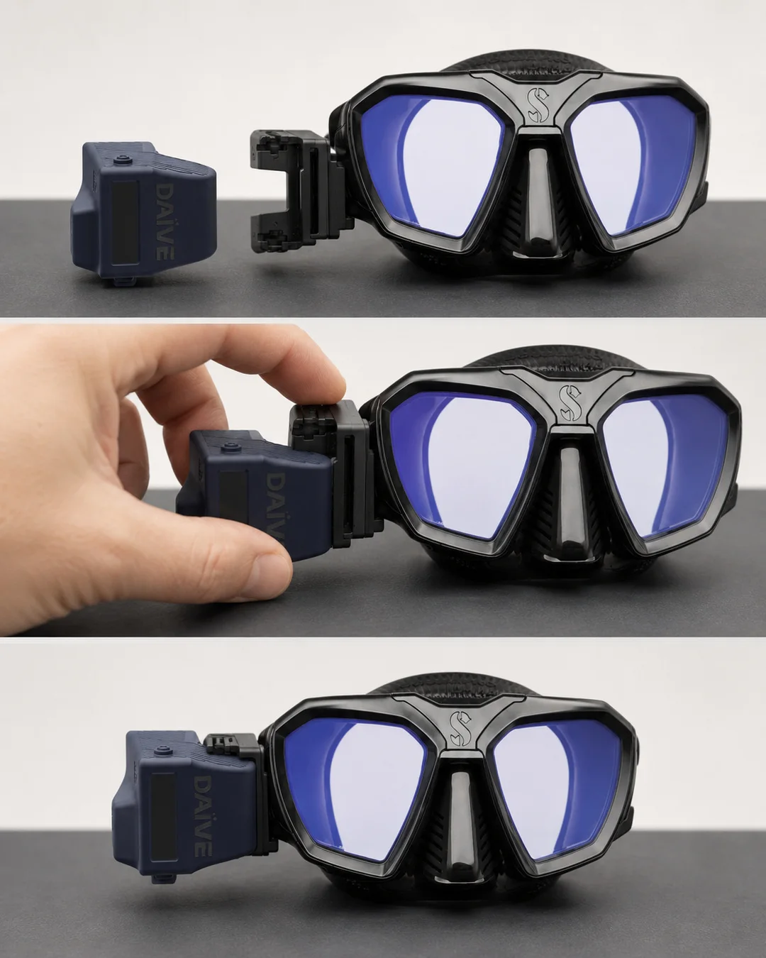 Three real-world steps showing DAÏVE HUD mounting beside a mask lens